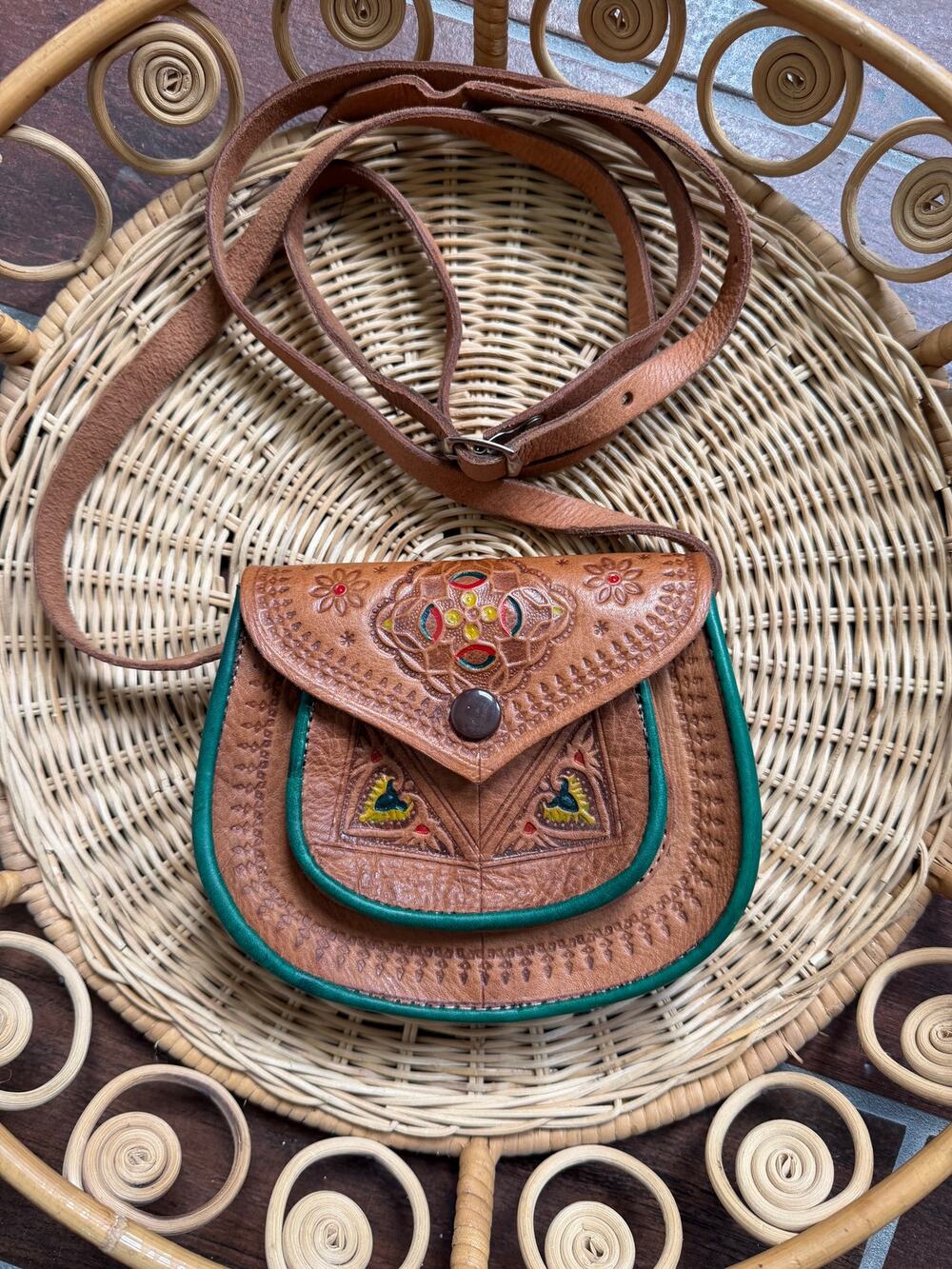 Vintage Tooled Leather Crossbody Purse Boho Folk Art Hand Painted Saddle Bag